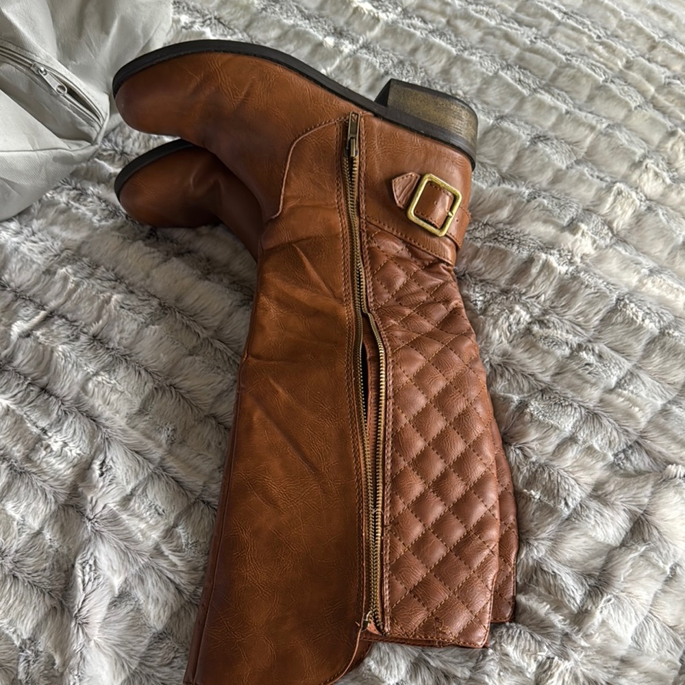 Brown Quilted Knee-High Boots with Buckle